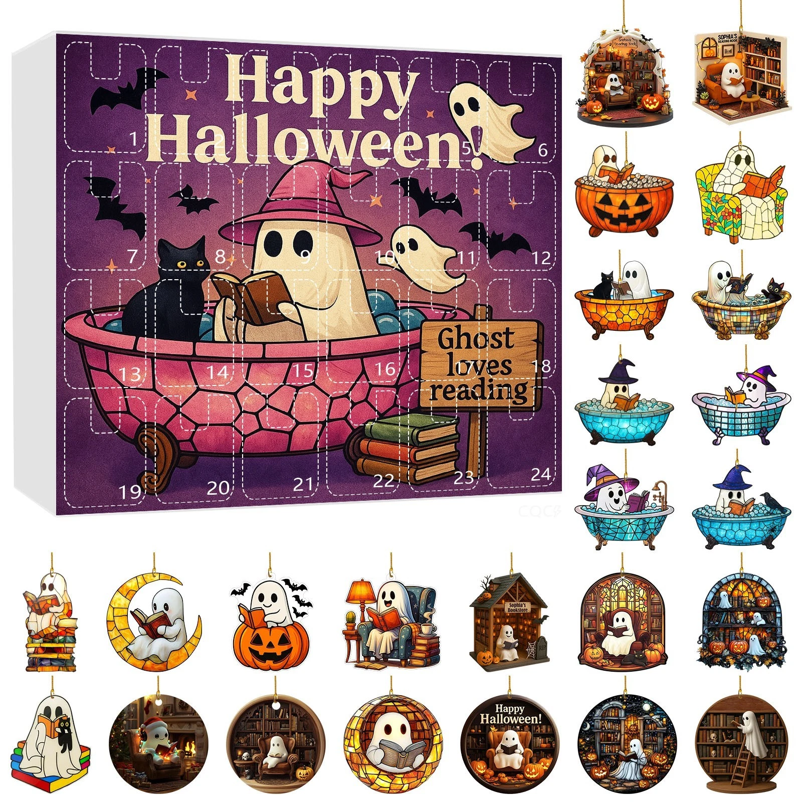 2D Ghost Reading Ornaments Halloween Advent Calendar, Christmas Tree Decorations