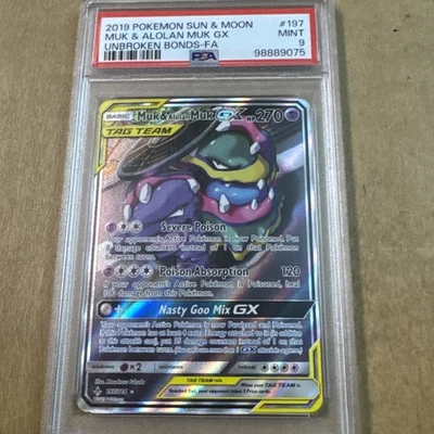 2019 Pokemon Sun & Moon Unbroken Bonds 197 Muk & Alolan Muk GX PSA 9!! - Image 1 of 4