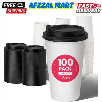 RACETOP 16 oz 100 Pack Disposable Paper Coffee Cups with Lids, Paper Cups