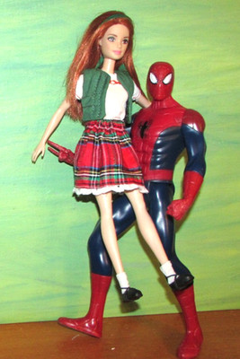 Custom Mary Jane Red Hair Barbie doll Plaid Skirt Green Vest Talking Spiderman