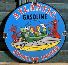 VINTAGE ATLANTIC AVIATION TESTED GASOLINE 10” PORCELAIN JETSONS GAS SIGN
