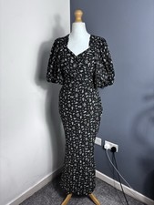 ASOS Black Floral Maxi Dress UK 12 Open Back Puff Sleeve Occasion Midi X19