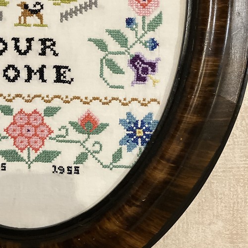 Antique Victorian Large Tiger Wood Oval Frame With Crosstitch Picture No Glass - Picture 5 of 23
