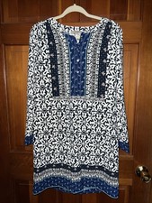 Ann Taylor Loft Tunic Dress Excellent Blue Print Detail Buttons Womens Small New