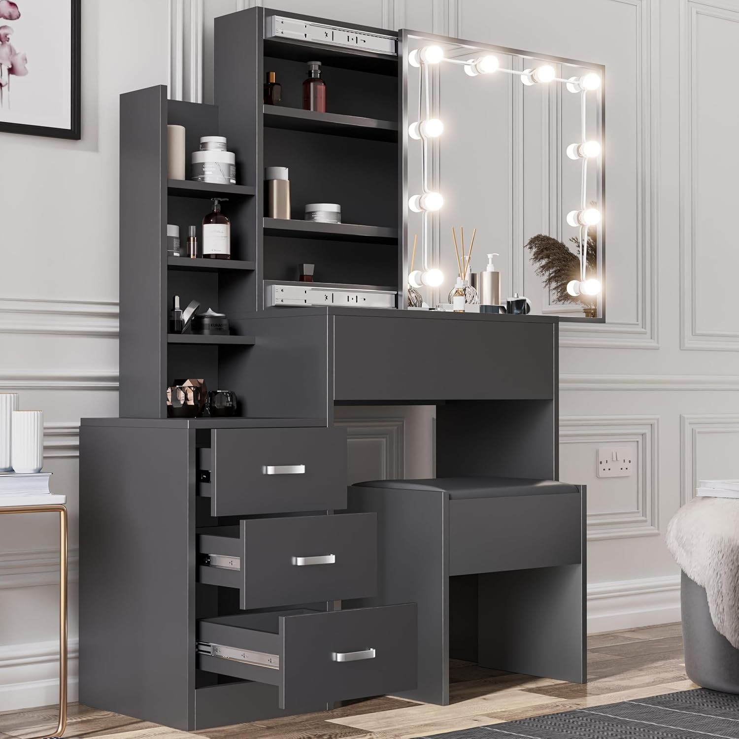 TUKAILAi Dressing Table with Mirror and Stool and Lights Corner Vanity Makeup Desk Set with Drawers, 1 Mirror, Shelves and Stool Bedroom Furniture 29 Dressing Table with Mirror and Stool