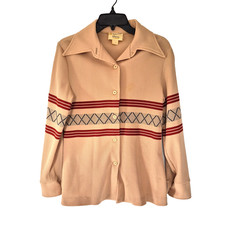 Vintage 70s JC Penney Beige Button Up Shirt Poly Sz Small Ribbed Point Collar