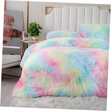 Faux Fur Comforter Set Pink Fluffy Fuzzy Comforter Luxury Full/Queen Rainbow