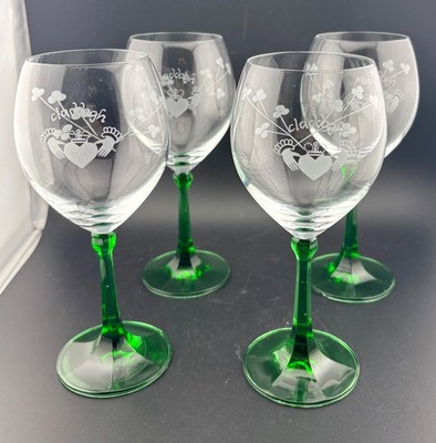 4 Duiske Emerald Stem Claddagh/Shamrock Crystal Wine Glasses Made In Ireland