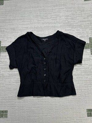 Madewell Pleated SS Blouse Top Womens Large Black Drapey Regular Fit V Neck