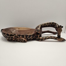 Vintage African Hand Carved Wooden Bowl Elongated Into Laying Giraffe 6" x 15"