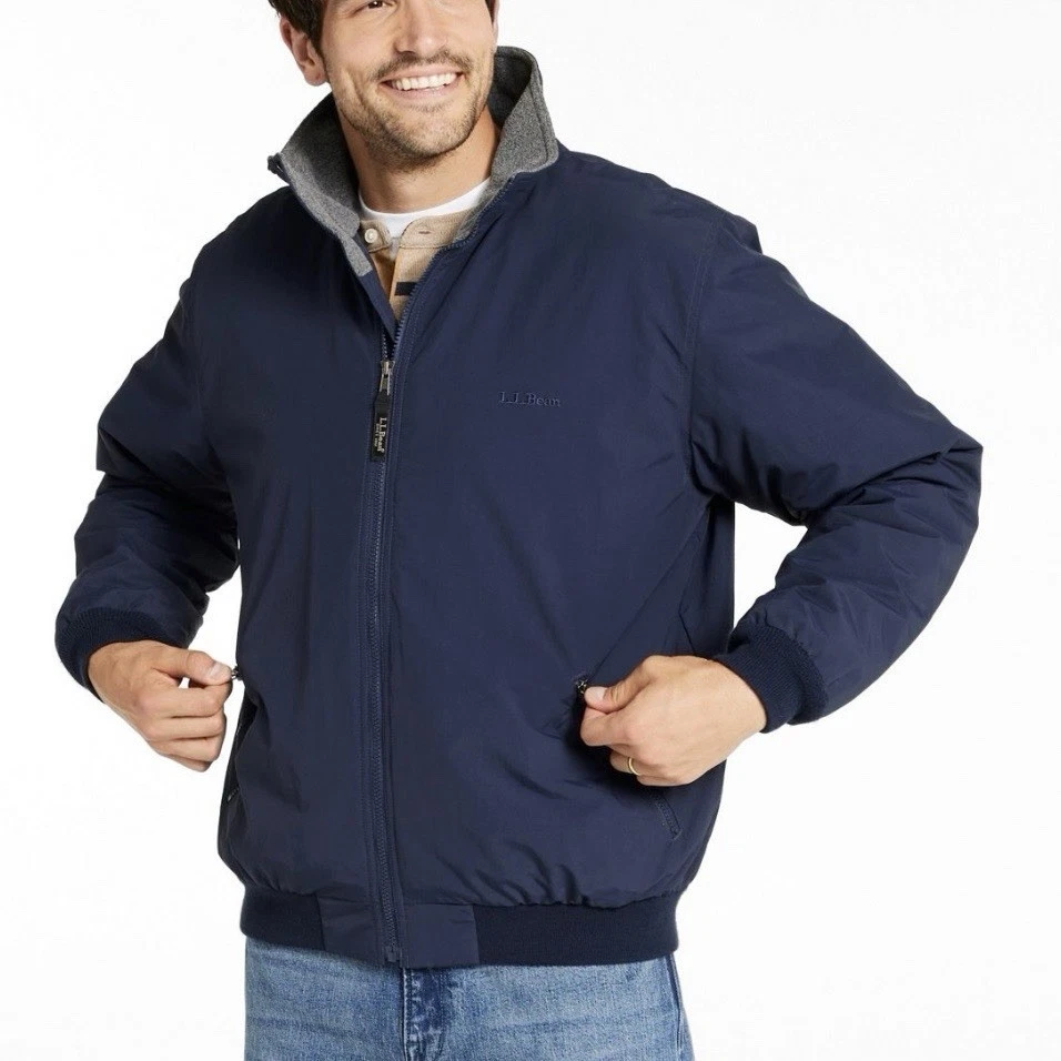 LL Bean Navy Blue Fleece Lined Warm Up Jacket Bomber Insulated Outdoor XXL TALL