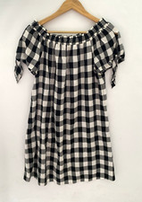 LOFT Black & White Buffalo Check Off Shoulder Dress A-Line Tie Cuffs Size M