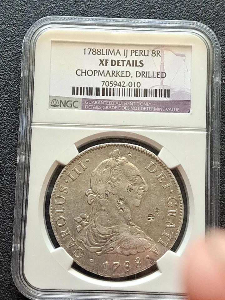 1788 LIMA IJ Peru 8 Realles NGC graded Chop marks XF details - Image 2 of 4