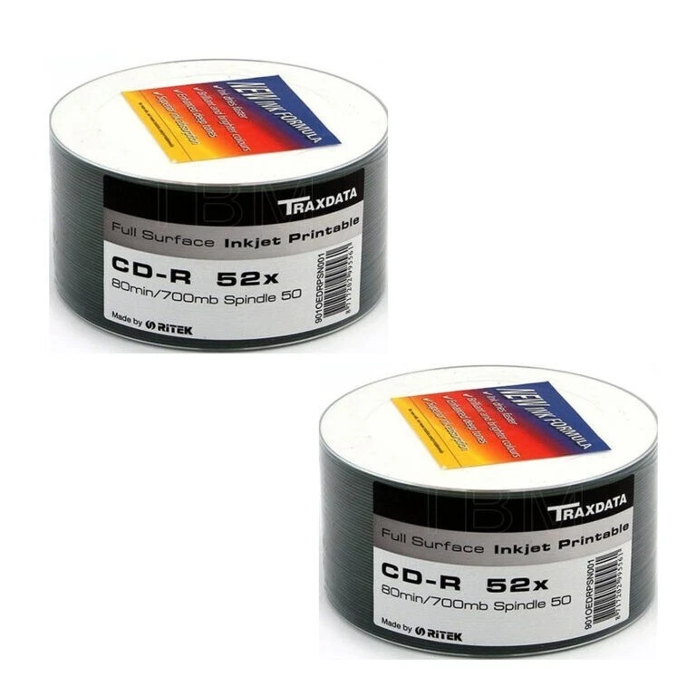 600 x Ritek Traxdata 52x Full Face White Inkjet Printable Blank CD-R CDR Discs - Image 2 of 3