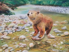 Original Grizzly Brown Bear River Forest Painting Pastel Paper 14 x 11 Inches