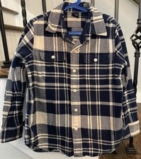 Boys GAP KIDS Button Cotton Flannel Tan  Blue Plaid Size Small 6-7 