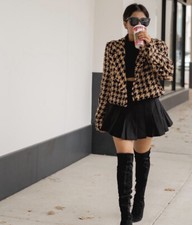 NWT ZARA Tweed Houndstooth CROPPED Top TEXTURED BLAZER Jacket Brown SIZE S