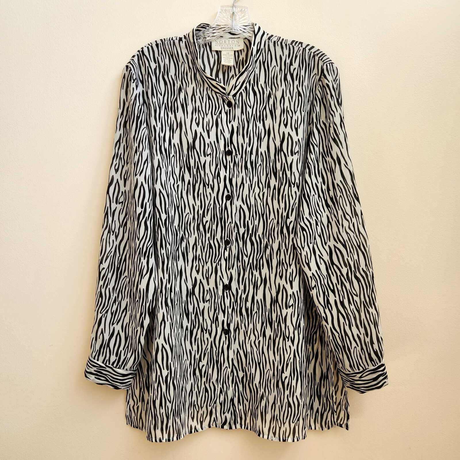 Norton McNaughton Blouse Top Womens Size 14 White Black Animal Print Button Up