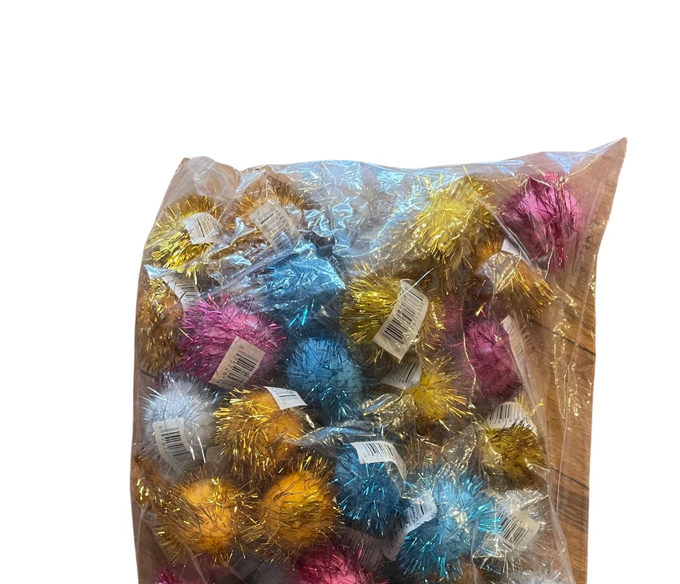 Vo-Toys 1.5 Inch Color Glitter Pom Pom Shiny Balls 40 Pack Cat Toy Colorful Lot