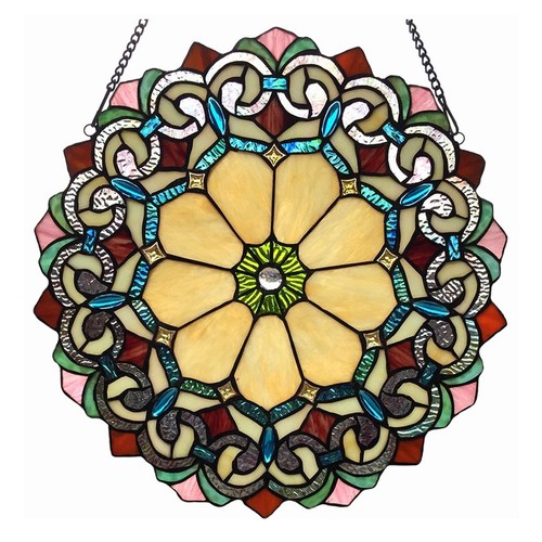 Stained Glass Window Panel Round Victorian Tiffany Style Suncatcher Art Glass - Picture 3 of 3