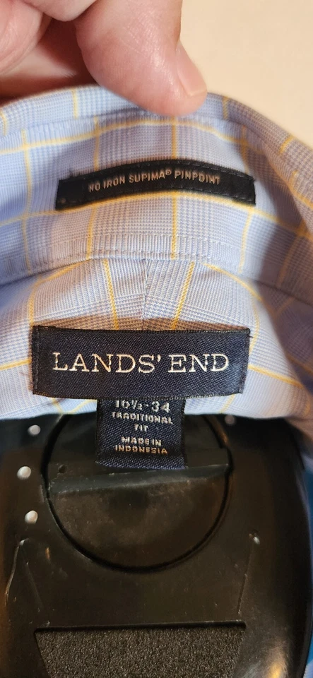 Lands End Dress Shirt Button Up Size 16.5/34 Blue/Yellow Plaid Supima - Image 3 of 3