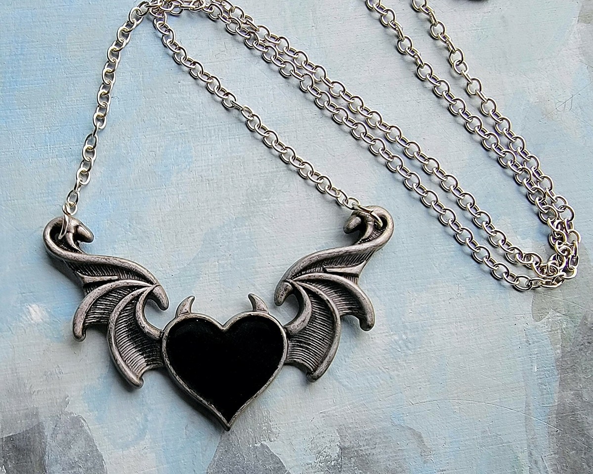 Black Heart, Bat wings, Devil Horns, Gothic Necklace, Halloween