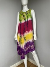 Tie Dye Sleeveless Floral Dress One Size Asymmetric Hem Colorful Embroidery