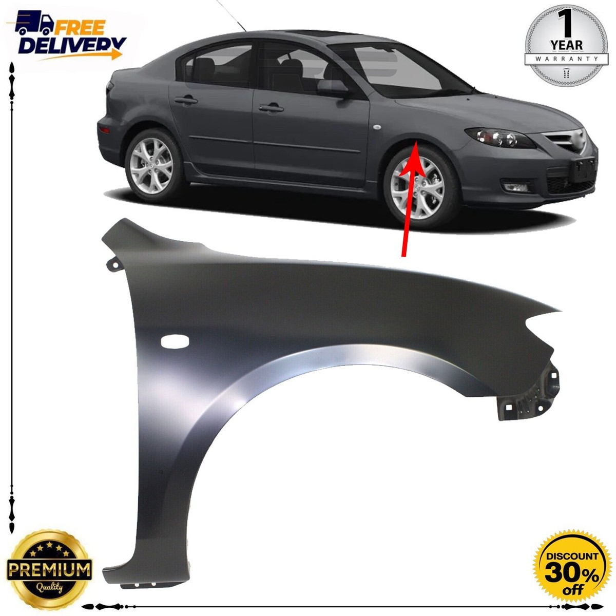 Fender For 2004-2009 Mazda 3 Sedan Front Passenger Side Primed