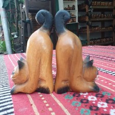 Wooden Pairs Cat Ass Handmade Carved Rain Tree Wood Kitty Cat Figurine Home Deco