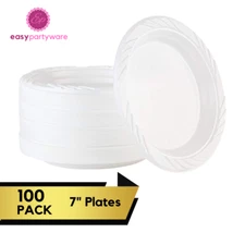 100 WHITE PLASTIC PLATES 7" 18cm Round Heavy Duty Microwavable Reusable Plates
