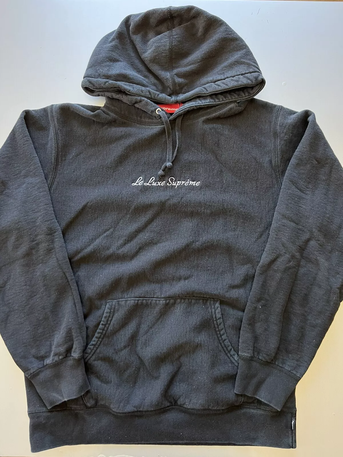 Sweat shirt à capuche Le Luxe Supreme SS19 noir délavé logo brodé homme taille L