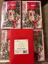 16 Christmas Cards & Envelopes American Greetings 5"x 7" Dog & Wreath Lot of 5