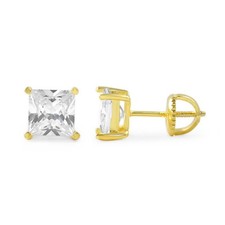 Princess Cut AAA CZ Gold Stud Earrings Screwback