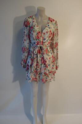 NWT Womens City Studio Off White, Pink, Blue, Green Floral Belted Dress L