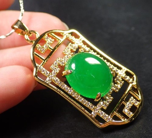 Yellow Gold Plate green JADE Pendant Cabochon Rectangle Diamond Imitation 285773 - Picture 4 of 8