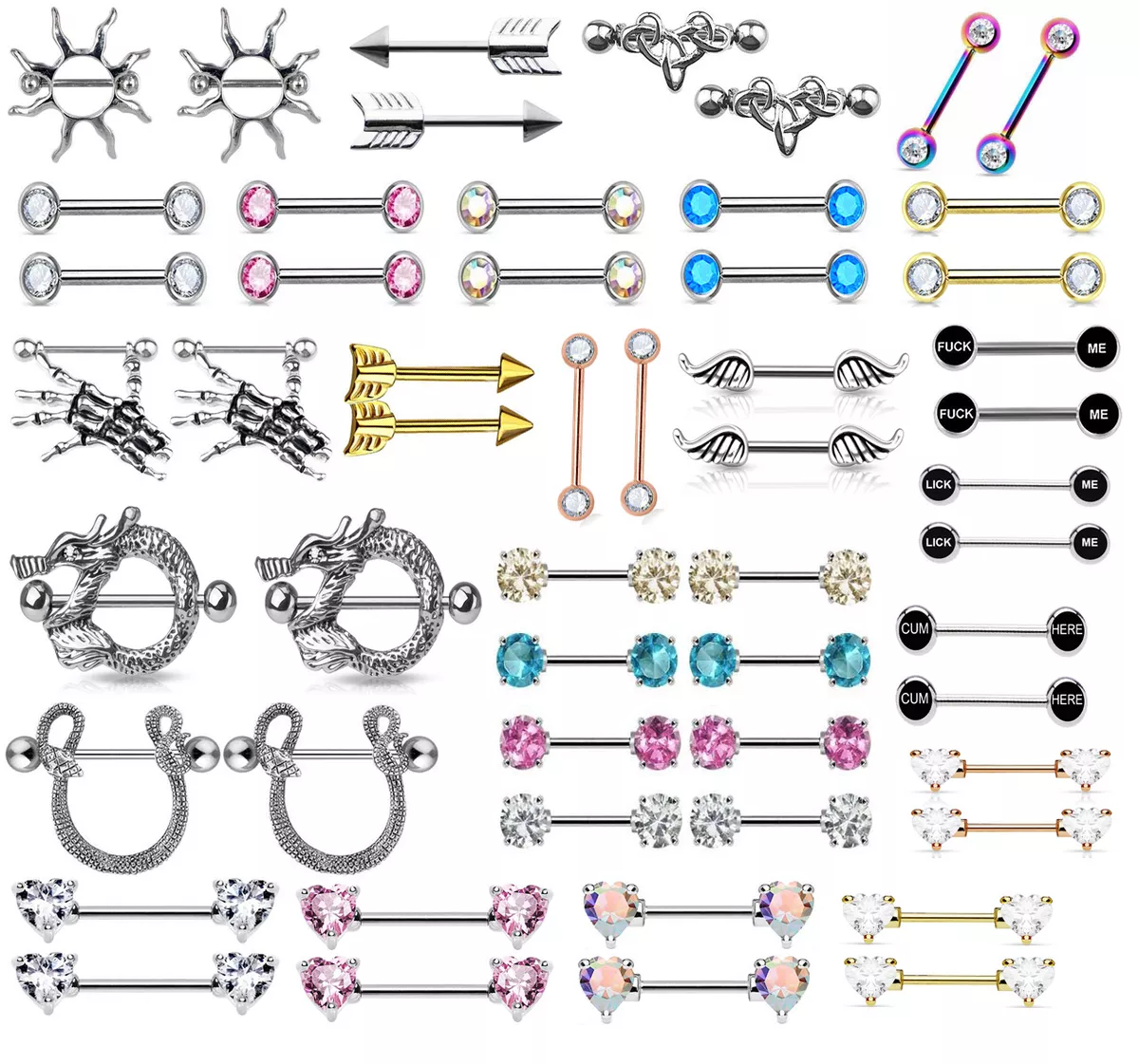 PAIR 14G NippleRings Surgical Steel CZ Nipple Ring Shield Barbells Body Piercing