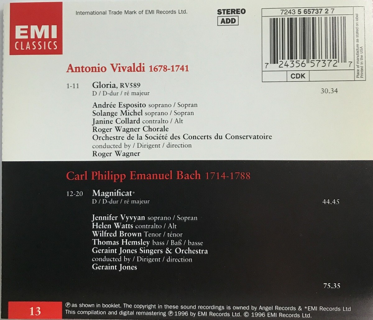 Baroque Vol. 13 Choral Works Vivaldi C.P.E. Bach Magnificat (CD