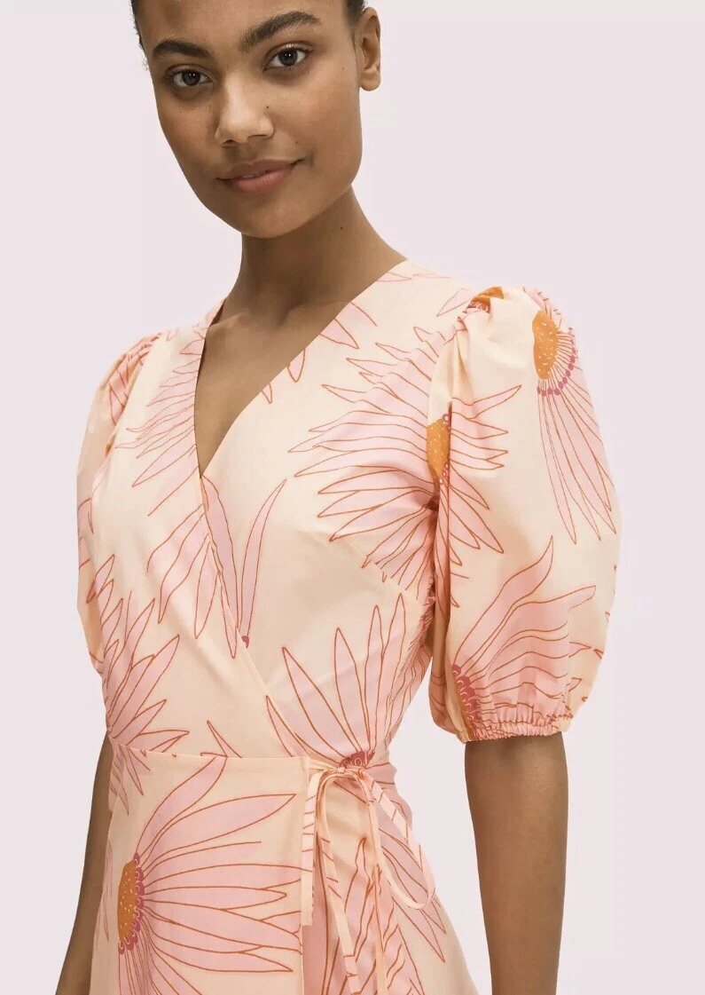 Abito midi Kate Spade NY rosa che cade fiori manica avvolgente passerella taglia 00 XXS
