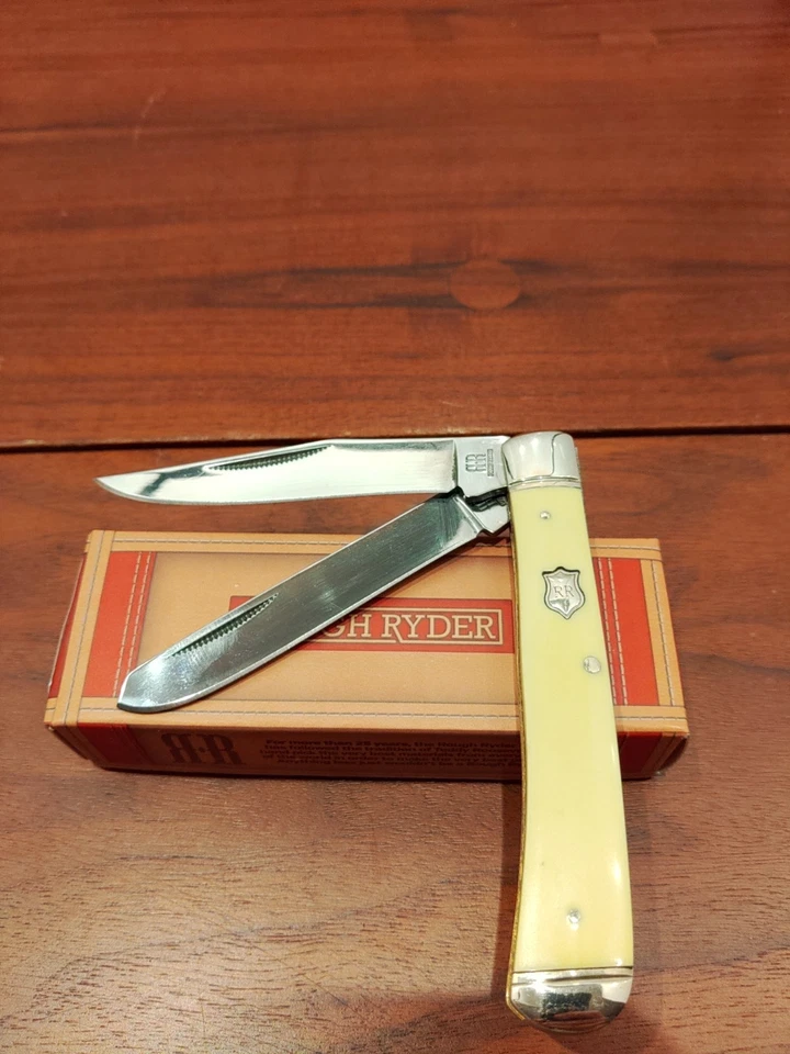 Rough Rider 光滑黄色手柄捕手口袋刀 RR597 2 折叠刀片 — 第 2/4 张图片