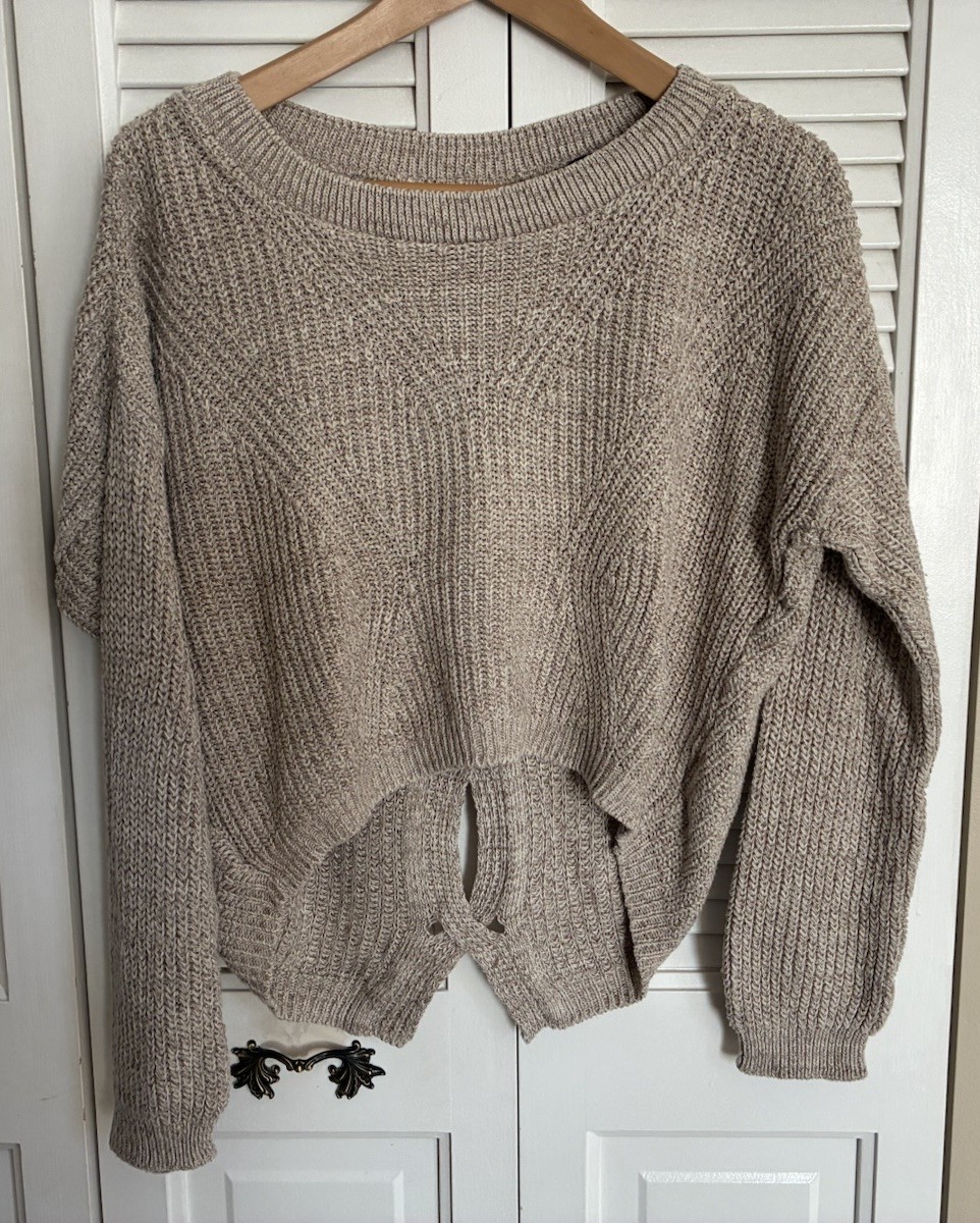 Express Cable Knit Split Back Beige  Sweater Size… - image 5