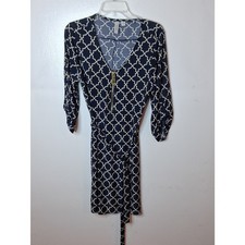 Tacera Women's S Navy and Cream Geometric Wrap Midi Dress with Gold Zip Accent
