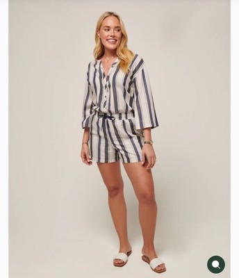 Travis Mathew Women s Button Front Striped Romper Shorts Tie Waist Size L Golf