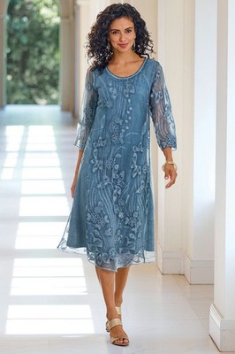 NEW Soft Surroundings Medium Blue Starling 100% Silk Dress Embroidered