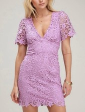 Lulus Sweetie Lace Overlay Short Sleeve Feminine Love Boho Mini Dress Lavender L