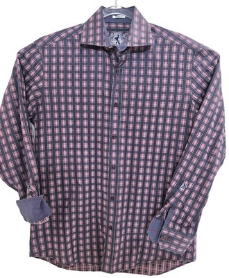 Bugatchi Shirt Mens Medium Blue Red Plaid Shaped Fit Long Sleeve Button Up