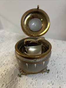 Vintage Evans Hinged Lid Glass Brass Table Lighter Hand Painted Jeweled USA Feet