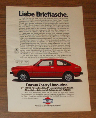 Seltene Werbung DATSUN CHERRY Limousine -  Liebe Brieftasche 1979