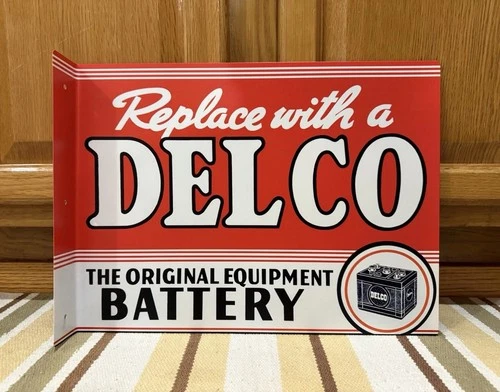Delco Battery Flange Sign Gas Oil Garage Parts Tools Vintage Style Wall Decor