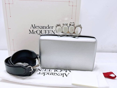 Alexander McQueen Knuckle 2-Way Crossbody Shoulder Clutch Bag Silver Metallic