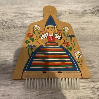 Vintage Wooden Crumb Sweeper-Brush, Catcher-Collectible-Swiss Girl Puzzle
